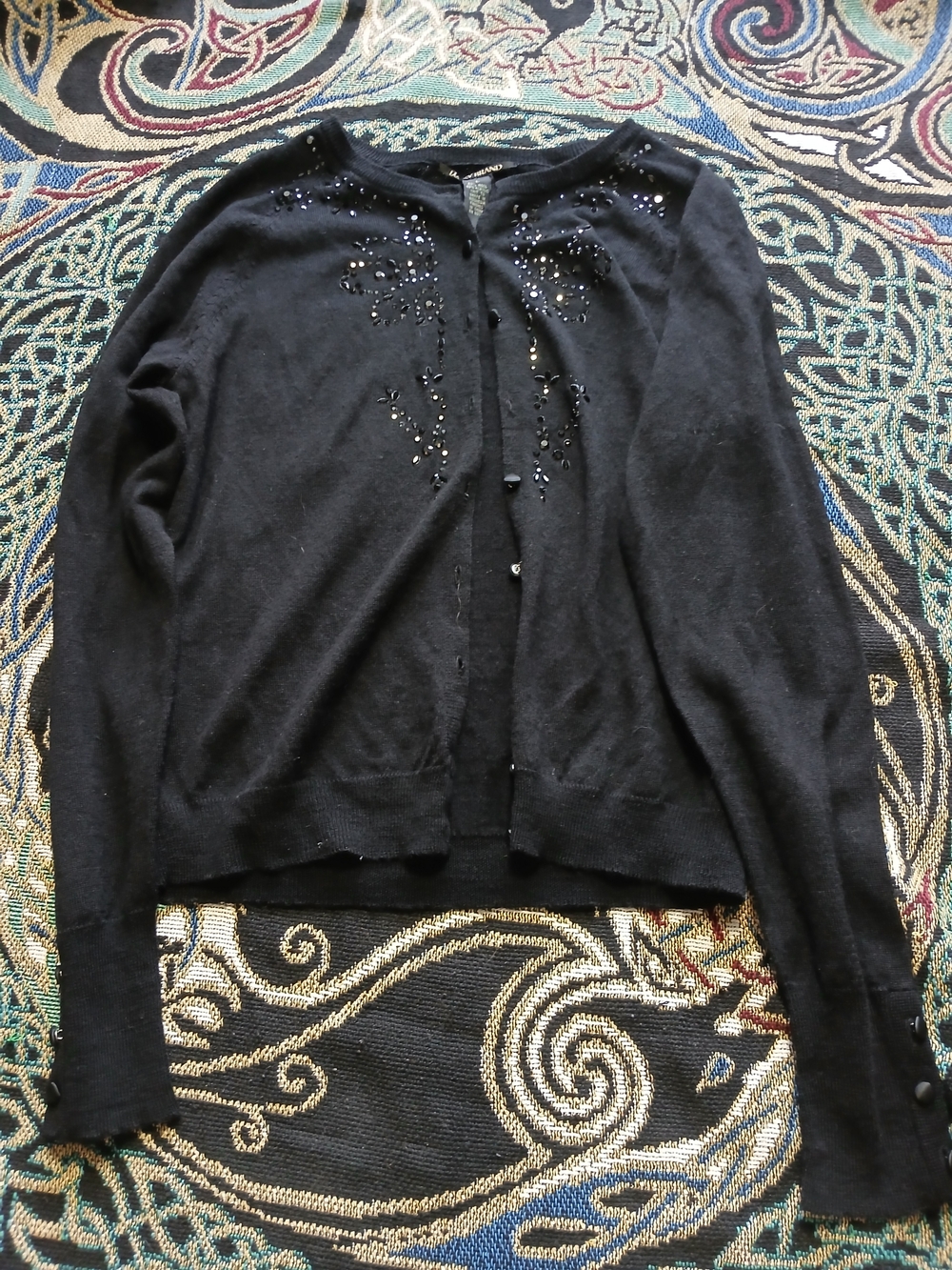 Lucky Brand Black Beaded Cardigan Sweater Size L MISSING MIDDLE BUTTON